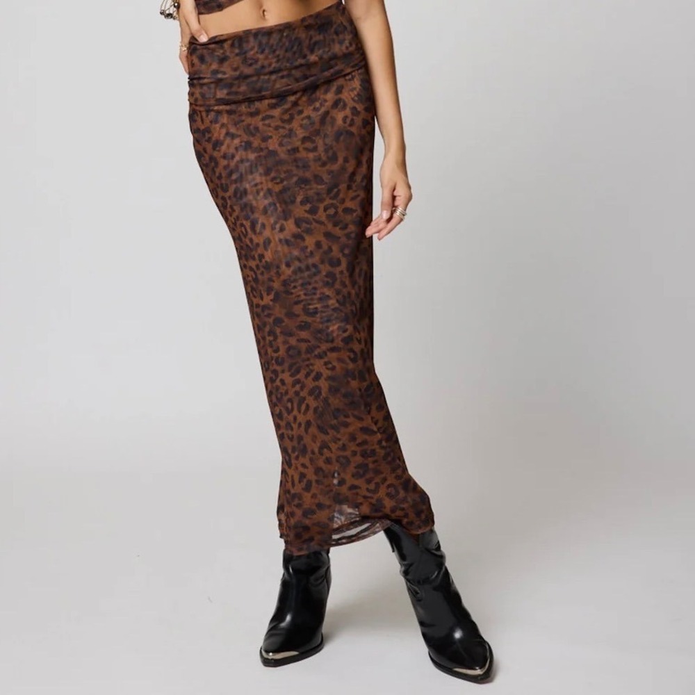 Stillwater Mesh Fold Down Maxi Skirt Leopard Print Sheer Mesh Back Slit Medium